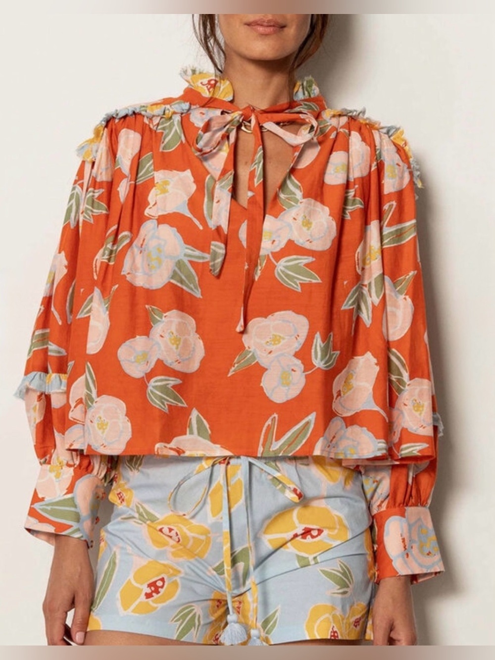 Carolina K Peonies Flore Blouse Orange Floral Tie Neck Boho Top NWT Medium